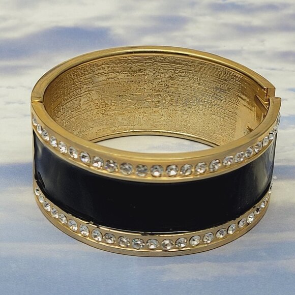 Black Enamel and Gold Tone Hinged Crystal Bracelet - Picture 7 of 10
